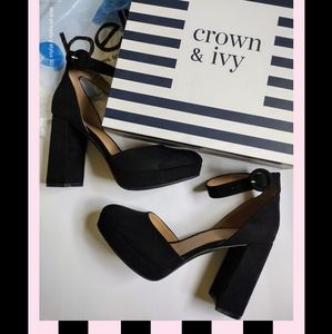 Crown & Ivy Riley Black Ankle Strap Platform Heels NWT